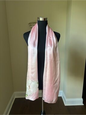 CHANEL Pink Silk Scarf with White Camellia,  EUC w/original box